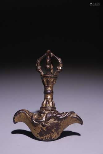 A Chinese Bronze Hatchet Shaped Pendant With Gold Painting