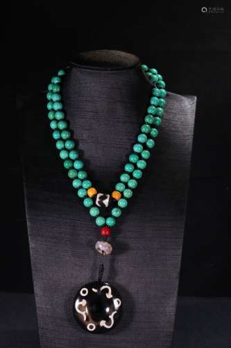 A Chinese Turquoise Stone Necklace With Dzi