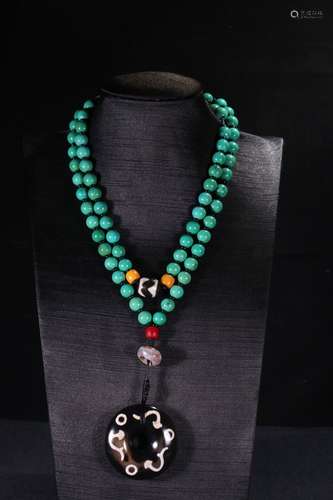 A Chinese Turquoise Stone Necklace With Dzi