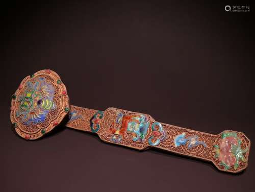 A Chinese Gilt Silver Enameling Blue Ruyi Shaped Ornament