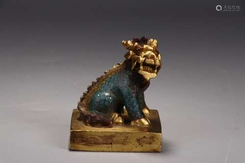 A Chinese Gilt Bronze Beast Shaped Seal With Color Painting