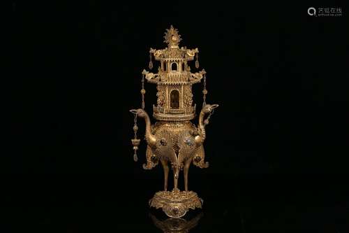 A Chinese Gilt Silver Phoenix Pattern Pagoda