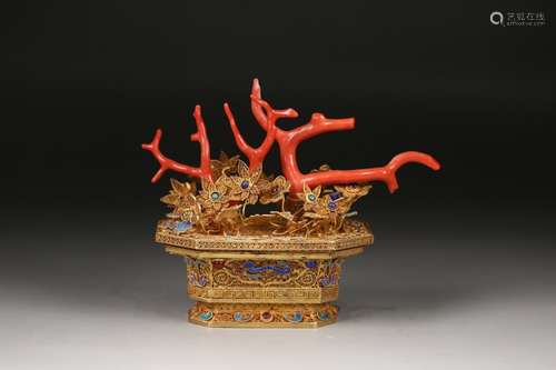 A Chinese Gilt Silver Bonsai With Red Coral Floral