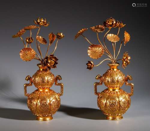 Pair Of Chinese Gilt Silver Vases