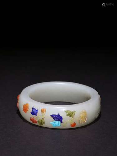 A Chinese Hetian Jade Bangle Embeded Gems