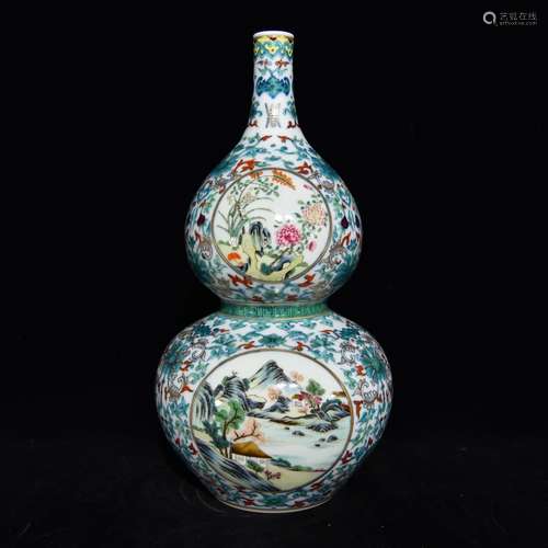 A Chinese Porcelain Doucai Landscape Painting Gourd Vase