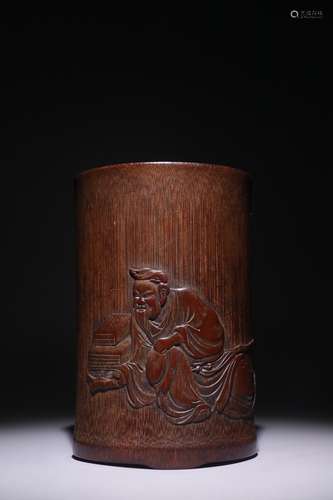 A Chinese Bamboo Figure-Story Carved Brush Pot