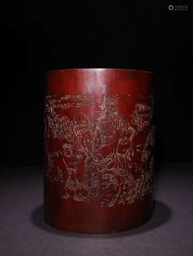 A Chinese Bamboo Gold Figure-Story Painting Brush Pot