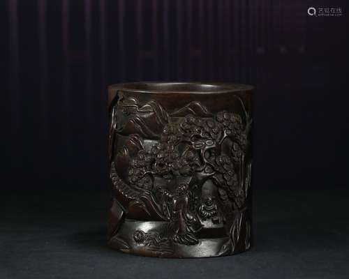 A Chinese Bamboo Figure-Story Carved Brush Pot