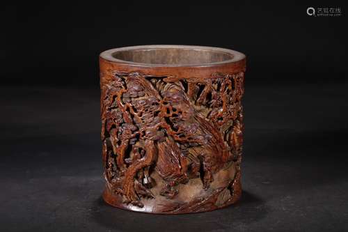 A Chinese Bamboo Figure-Story Carved Brush Pot