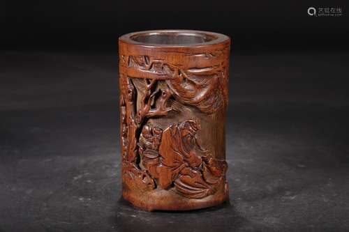 A Chinese Bamboo Figure-Story Carved Brush Pot