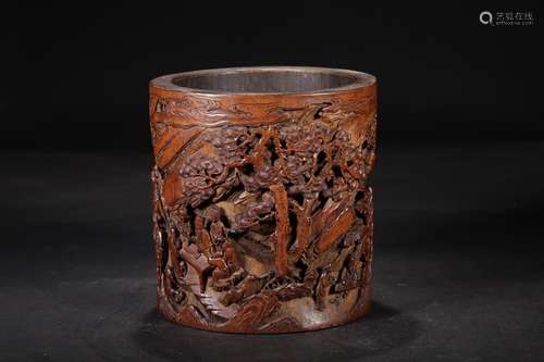 A Chinese Bamboo Figure-Story Carved Brush Pot