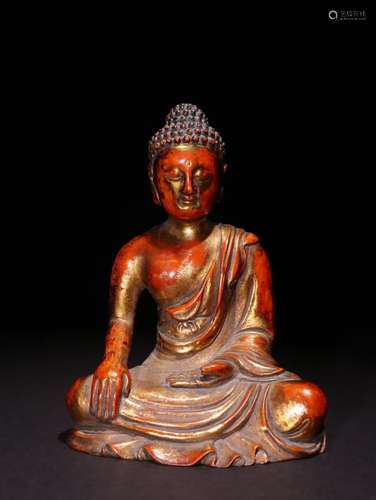 A Chinese Boxwood Gautama Buddha Shaped Statue With Golden Painting