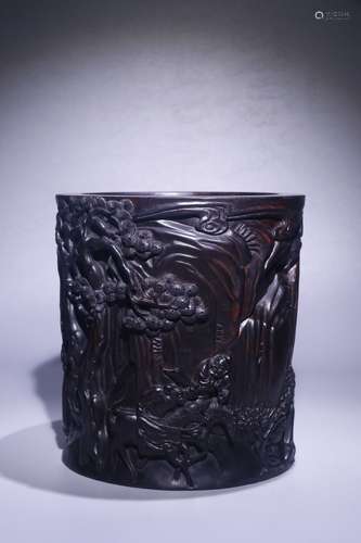 A Chinese Rosewood Figure-Story Carved Brush Pot