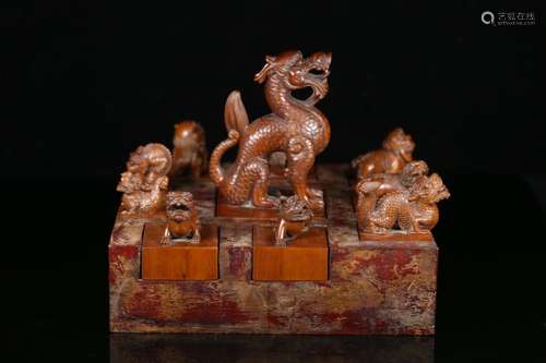 A Chinese Boxwood Dragon Carved Seal