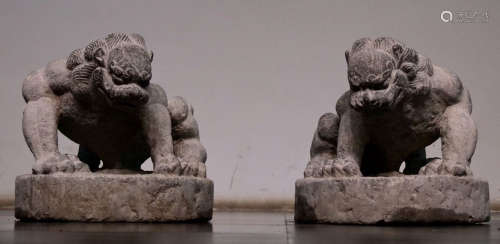 PAIR OF BLUE STONE CARVED LION SHAPE ORNAMENTS