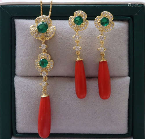 PAIR OF SILVER&GOLD WITH CORAL EARRINGS&PENDANT