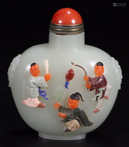 A HETIAN JADE CARVED FIGURE SHAPE SNUFF BOTTLE