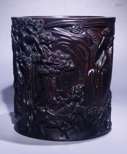 A ZITAN WOOD BRUSH POT WITH FIGURE STORY PATTERN