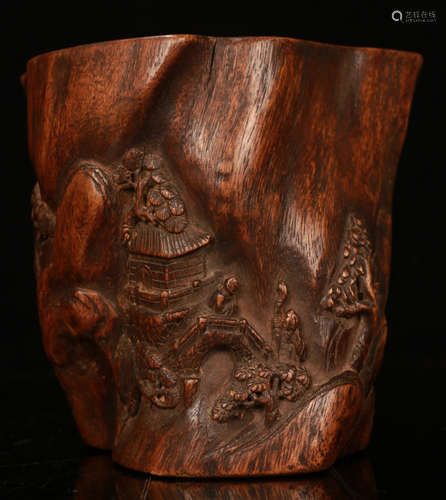 A CHENXIANG WOOD BRUSH POT WITH FIGURE PATTERN