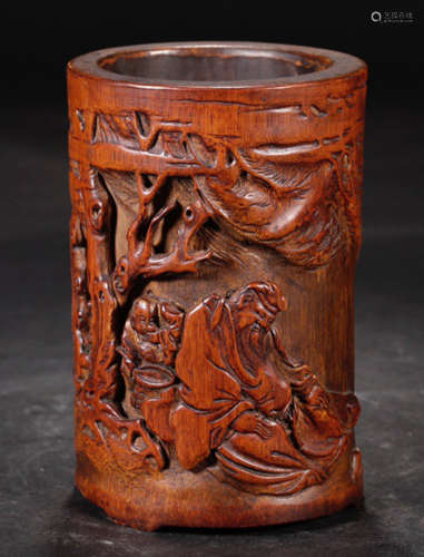 A BAMBOO CARVED FIGURE STORY PATTERN BRUSH POT