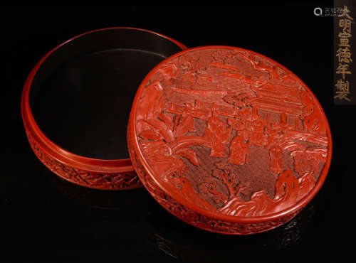 A RED LACQUER BOX WITH FIGURE PATTERN