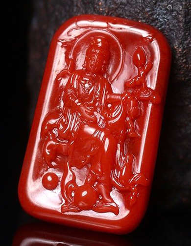 A NANHONG AGATE CARVED GUANYIN BUDDHA TABLET