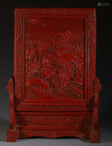 A RED LACQUER SCREEN WITH FIGURE STORY PATTERN