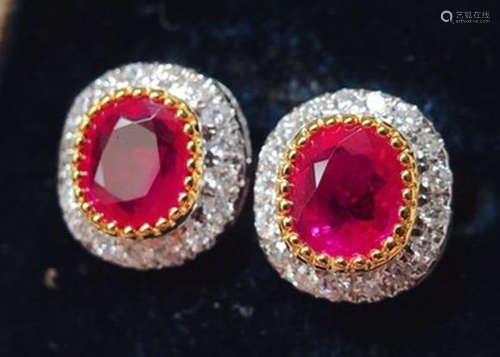 PAIR OF 18K GOLD RUBY DIAMOND EARRINGS