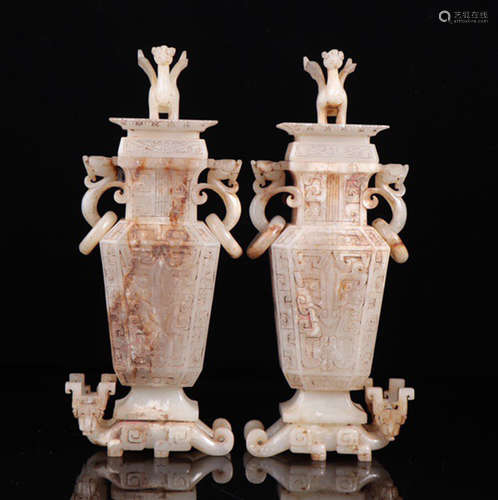 PAIR OF HETIAN JADE SQUARE VASE WITH BEAST PATTERN