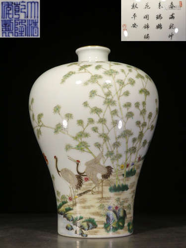 A FAMILLE ROSE GLAZE CRANE PATTERN MEI VASE