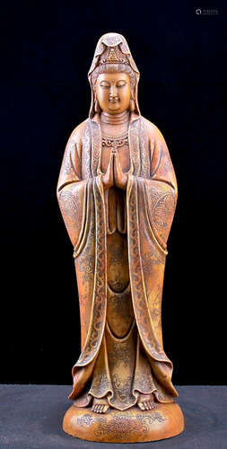 A SOAPSTONE CARVED GUANYIN BUDDHA STATUE