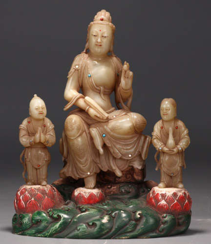 A SOAPSTONE CARVED GUANYIN BUDDHA&CHILDREN