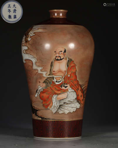 A WOOD GLAZE MEI VASE WITH ARHAT STATUE