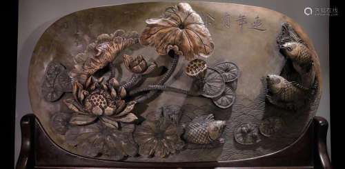 AN INK SLAB CARVED WITH FISH&LOTUS