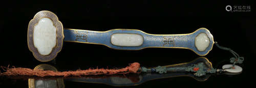 A CLOISONNE RUYI EMBEDDED WITH HETIAN JADE