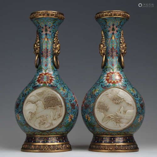 A Pair of Chinese Jade Inlaid Cloisonne Vase