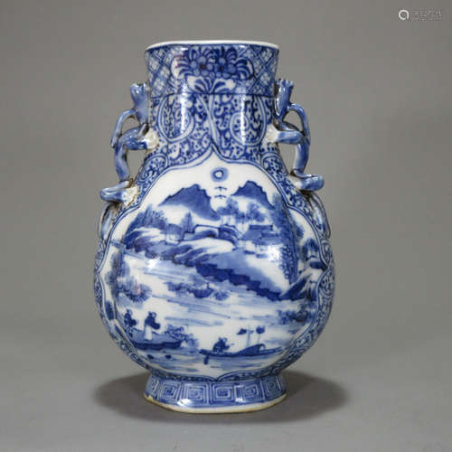 A Chinese Blue and White Landscape Porcelain Oblate Vase