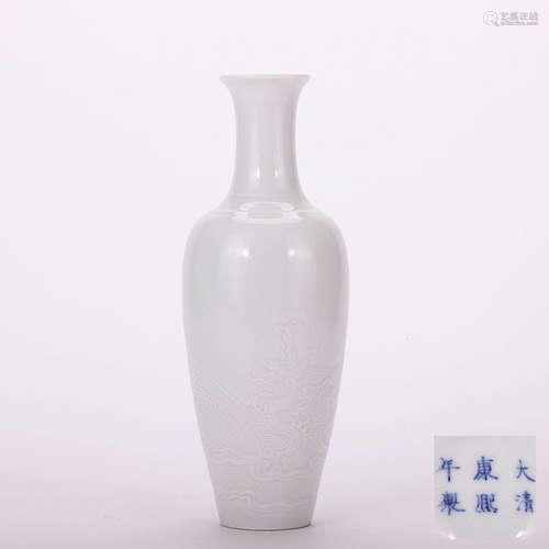 A Chinese White Glaze Dragon Pattern Relief Porcelain Vase