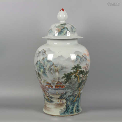 A Chinese Famille Rose Landscape Painted Porcelain Vase