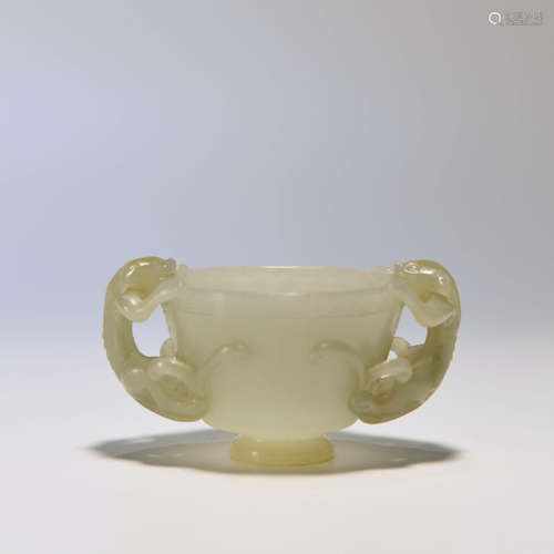 A Chinese Double Dragon Ears Hetian Jade Carved Cup