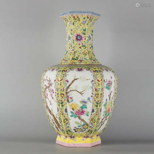 A Chinese Yellow Ground Floral Porcelain Hexagon Vase