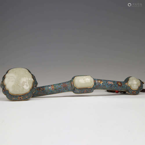 A Chinese Jade Inlaid Cloisonne Filigree Ruyi Ornament