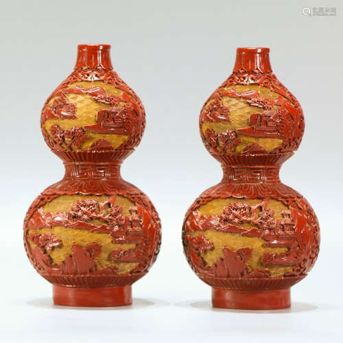 A Pair of Chinese Carved Red Lacquerware Gourd-shaped Vase