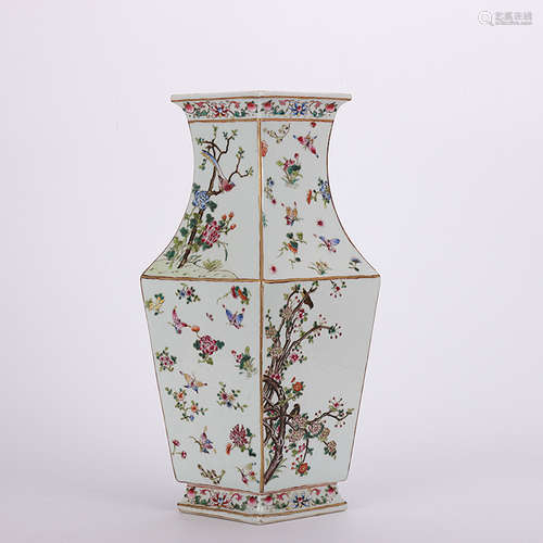 A Chinese Colorful Flower&Bird Pattern Porcelain Square Vase