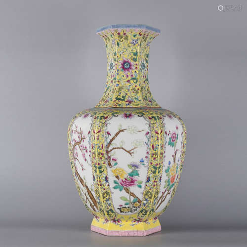 A Chinese Yellow Ground Floral Porcelain Hexagon Vase