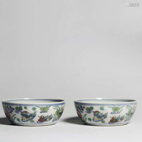 A Pair of Chinese lotus pond Painted Porcelain Cups