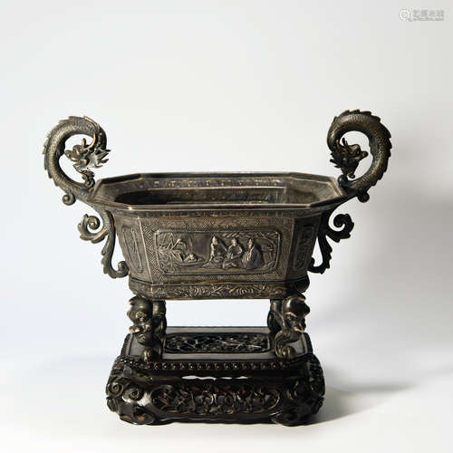 A Chinese Double Ears Silver Incense Burner