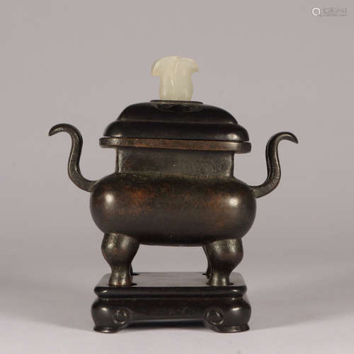 A Chinese Jade Inlaid Copper Incense Burner