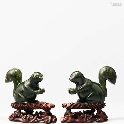 A Pair of Chinese Jasper Squirrel Ornaments